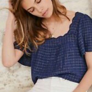 Sezane Navy Blue Scallop Trim Blouse